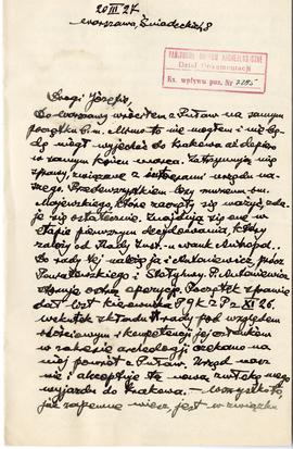 Rękopis listu Stefana Krukowskiego do Józefa Żurowskiego z dnia 20.03.1927 r.  strona 1