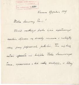 Rękopis listu dr Jana Morawskiego do Józefa Żurowskiego z dnia 27.12.1927 r. wraz z kopertą  stro...