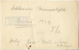 Fiszka z odręcznymi notatkami bibliograficznymi Józefa Żurowskiego  strona 1: "Schlesische M...