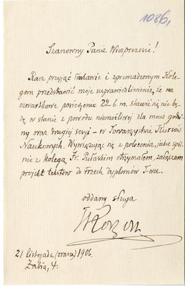 List (rękopis) od Tadeusza Korzona do Erazma Majewskiego