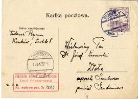 Kartka pocztowa z rękopisem listu Tadeusza Reymana do Józefa Żurowskiego z dnia 16.09.1927 r.  st...