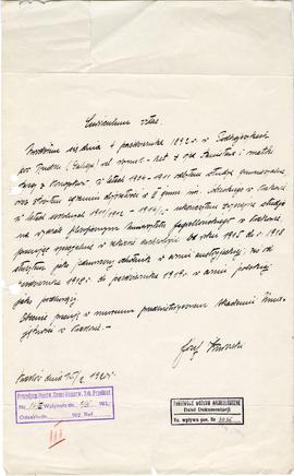 Rękopis Curriculum vitae Józefa Żurowskiego sporządzony w Krakowie dnia 15.02.1920 r.  strona 1