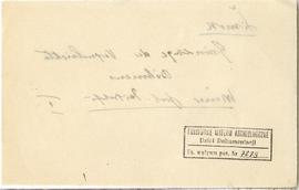 Fiszka z odręcznymi notatkami bibliograficznymi Józefa Żurowskiego  strona 2: pieczątka Działu Do...