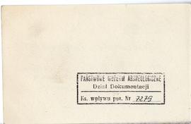 Fiszka z odręcznymi notatkami bibliograficznymi Józefa Żurowskiego  strona 2: pieczątka Działu Do...