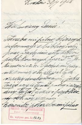 Rękopis listu prof. Włodzimierza Demetrykiewicza do Józefa Żurowskiego z dnia 30.07.1928 r.  stro...