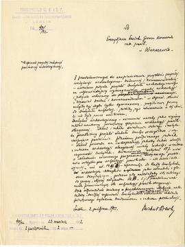 Rękopis. Pismo konserwatora Michała Drewko z dnia 2 października 1922 r. do Prezydium Państwowego...