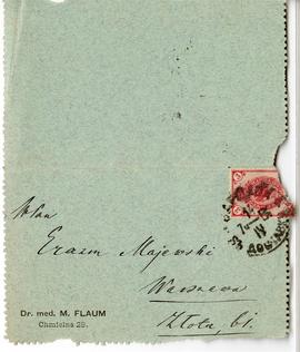 List od Maksymiliana Flauma do Erazma Majewskiego (rękopis  druk  znaczek  stempel)  strona 1