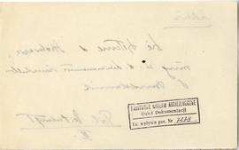 Fiszka z odręcznymi notatkami bibliograficznymi Józefa Żurowskiego  strona 2: pieczątka Działu Do...