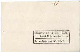 Fiszka z odręcznymi notatkami bibliograficznymi Józefa Żurowskiego  strona 2: pieczątka Działu Do...