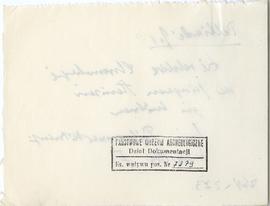 Fiszka z odręcznymi notatkami bibliograficznymi Józefa Żurowskiego  strona 2: pieczątka Działu Do...