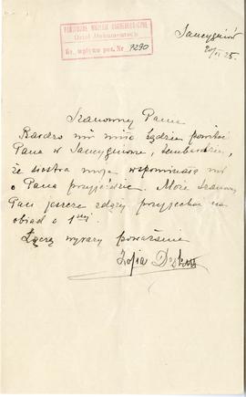 Rękopis listu Zofii Deskur do Józefa Żurowskiego z dnia 20.11.1925 r. wraz z kopertą  strona 1
