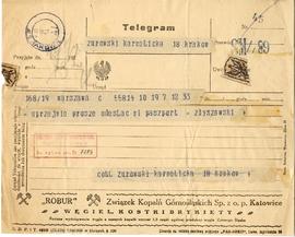 Telegram Wacława Zbyszewskiego do Józefa Żurowskiego z dnia 19.07.1927 r.  strona 1