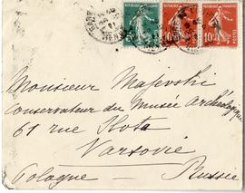 Koperta zaadresowana przez G. de Maret do Erazma Majewskiego (rękopis  znaczki  stemple)  strona ...