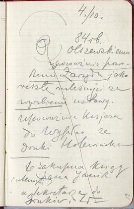 Notatnik nr 58 z odręcznymi notatkami Erazma Majewskiego: "4./10. 84 rb. Olszewskiemu […]"
