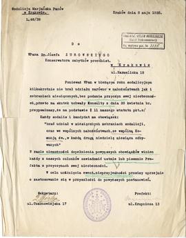 Maszynopis pisma Sodalicji Marjańskiej Panów w Krakowie do Józefa Żurowskiego z dnia 8.05.1928 r....