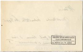 Fiszka z odręcznymi notatkami bibliograficznymi Józefa Żurowskiego  strona 2: pieczątka Działu Do...