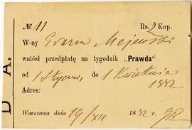 Kwit z dnia 14.12.1882 r. (luzem w noresie nr 14) informujący  że: "[…]  W-ny Erazm Majewski...