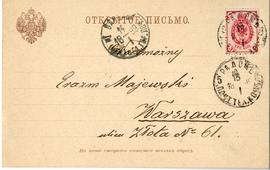 Karta pocztowa od Szczęsnego Jastrzębowskiego do Erazma Majewskiego (druk  rękopis  znaczek  stem...