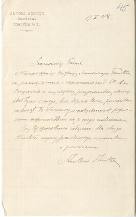 List Antoniego Austen do Erazma Majewskiego (rękopis)  strona 1