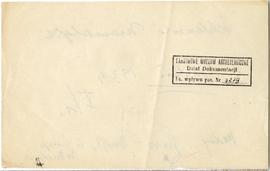 Fiszka z odręcznymi notatkami bibliograficznymi Józefa Żurowskiego  strona 2: pieczątka Działu Do...