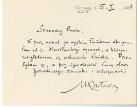 List od Mieczysława Karłowicza do Erazma Majewskiego (rękopis)  strona 1