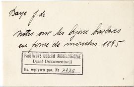 Fiszka z odręcznymi notatkami bibliograficznymi Józefa Żurowskiego  strona 1: "Baye J. de  N...