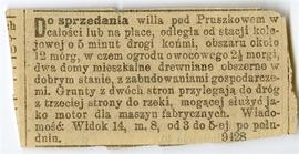 Wycinek prasowy z gazety NN: "Do sprzedania willa pod Pruszkowem […]"  wycinek znajduje...