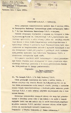 Pismo konserwatorów R. Jakimowicza i S. Krukowskiego z dnia 02.07.1922 r. do Prezydium Państwoweg...