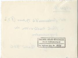 Fiszka z odręcznymi notatkami bibliograficznymi Józefa Żurowskiego  strona 2: pieczątka Działu Do...