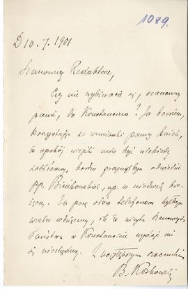 List (rękopis) od Bolesława Koskowskiego do Erazma Majewskiego: "Szanowny Redaktorze  Czy ni...
