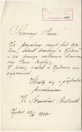 Rękopis listu Stanisława Bielińskiego do Józefa Żurowskiego z dnia 22.11.1922 r.  strona 1