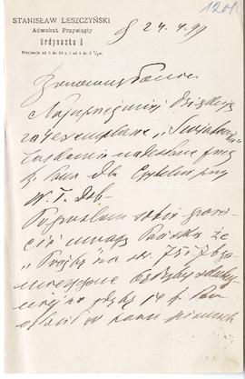 List od Stanisława Leszczyńskiego do Erazma Majewskiego z dnia 24.04.1899 r. (druk  rękopis)  str...