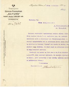 Pismo (maszynopis na papierze firmowym) z dn. 13.07.1904 r. od Towarzystwa Górniczo-Przemysłowego...
