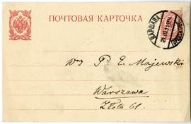 Karta pocztowa od F. Chłapowskiego do Erazma Majewskiego (druk  rękopis  stemple)  strona 1 (awers)