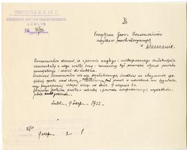 Rękopis. Pismo konserwatora Michała Drewko z dnia 9 sierpnia 1922 r. do Prezydium Państwowego Gro...