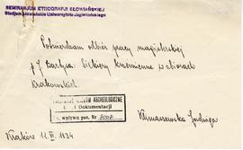 Rękopis potwierdzenia odbioru przez Jadwigę Klimaszewską pracy magisterskiej Jana Bartysa pt. &qu...