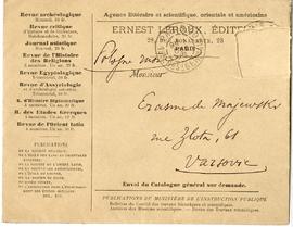Koperta zaadresowana przez Ernesta Leroux do Erazma Majewskiego (druk  rękopis  stempel)  strona ...