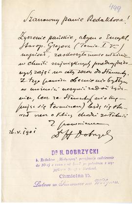 List od Henryka Dobrzyckiego do Erazma Majewskiego (rękopis  stempel)  strona 1
