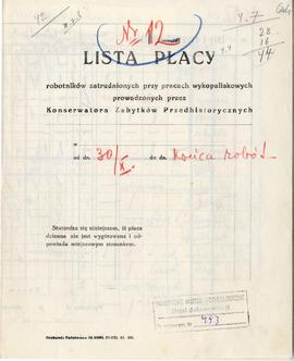 Wypełniony odręcznie przez Michała Drewko druk "Lista Płacy robotników zatrudnionych przy pr...