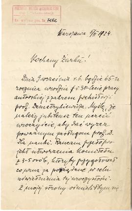 Rękopis listu Włodzimierza Antoniewicza do Józefa Żurowskiego z dnia 5.02.1924 r.  strona 1