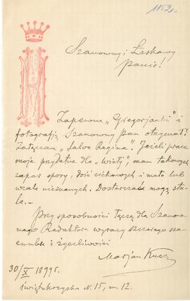 List (rękopis z monogramem autora) od Mariana Kucz do Erazma Majewskiego