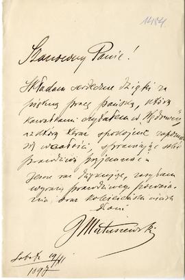 List od Ignacego Matuszewskiego do Erazma Majewskiego (rękopis)  strona 1