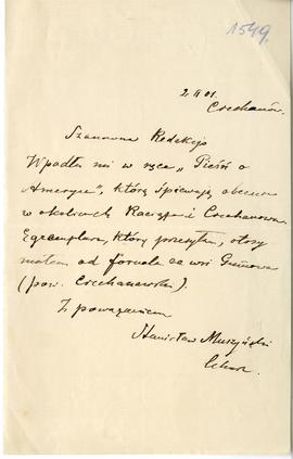 List od Stanisława Muszyńskiego do Erazma Majewskiego (rękopis)