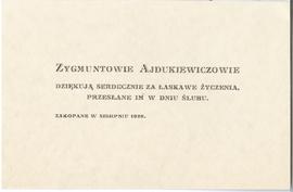 Kartka okolicznościowa od Państwa Ajdukiewiczów z drukowanym podziękowaniem dla Józefa Żurowskieg...