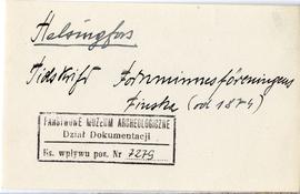 Fiszka z odręcznymi notatkami bibliograficznymi Józefa Żurowskiego  strona 1: "Helsingfors T...