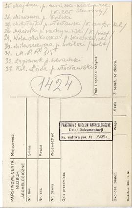 Zespół odręcznych notatek ze spisem stanowisk archeologicznych  strona 84: "1424" cd. (...