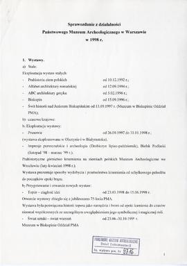Państwowe Muzeum Archeologiczne w Warszawie. Sprawozdanie z działalności w roku 1998. Maszynopis...