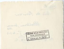 Fiszka z odręcznymi notatkami bibliograficznymi Józefa Żurowskiego  strona 2: pieczątka Działu Do...