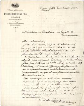 List w języku francuskim z dnia 26.04.1894 r. na papierze znakowanym "Maison foundée en 1820...
