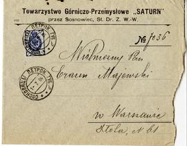 Koperta firmowa Towarzystwa Górniczo Przemysłowego "Saturn"  zaadresowana do Erazma Maj...